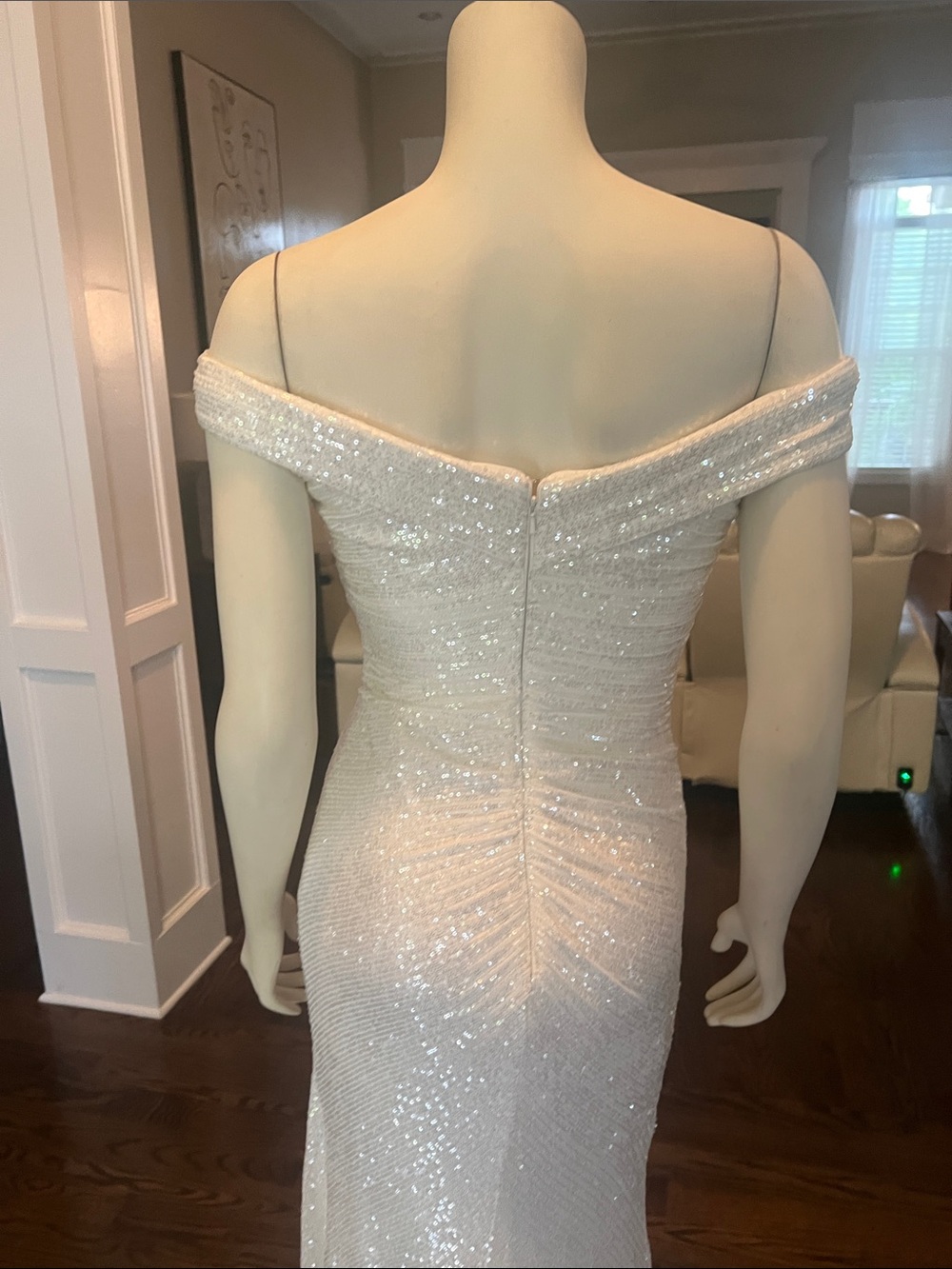 Off-Shoulder Glitter Evening Gown in White - Picture 9 of 12
